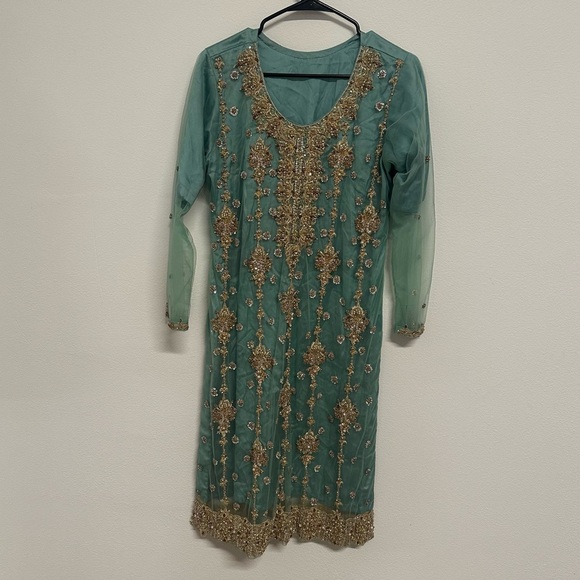 Mint Green and Gold Three-Piece Salwar Kameez Heavy Stonework| Size Approx Large - Picture 6 of 14